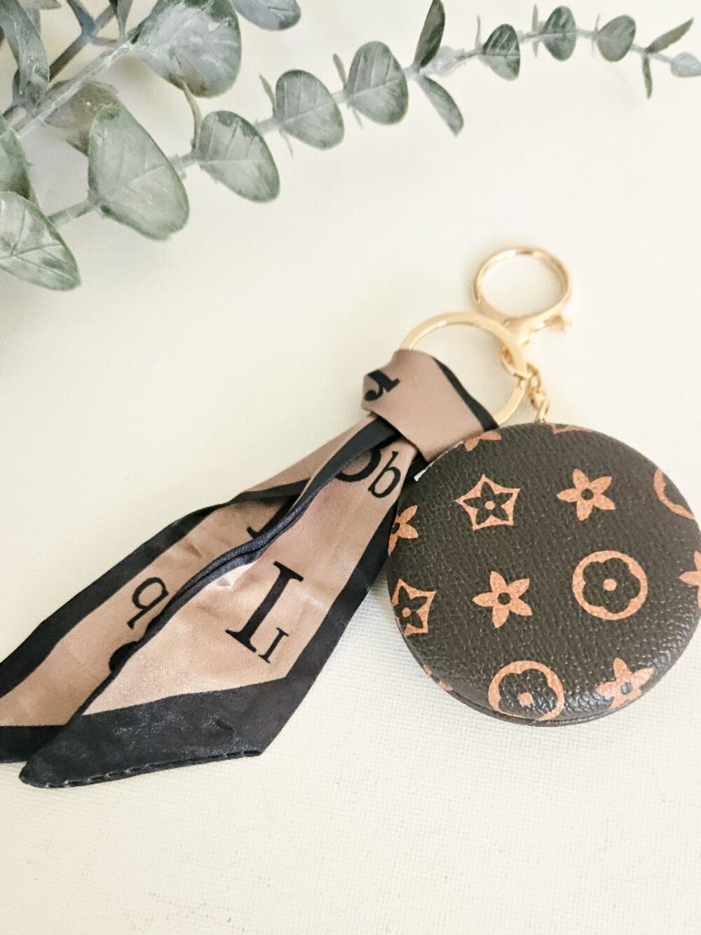 Portable Compact Mirror Keychain w/Ribbon - Brown/Tan - S/H Discount